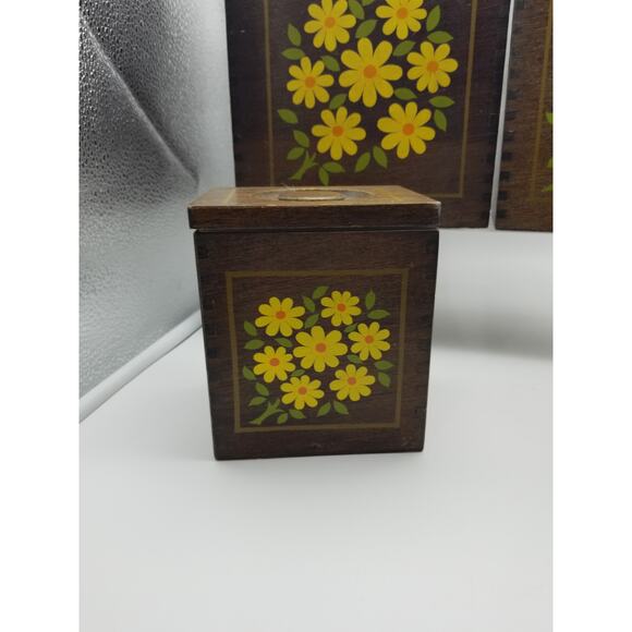 Imperial Hand Carved HardWood Canisters Yellow Flowers Japan Vintage Set nesting - Picture 2 of 16